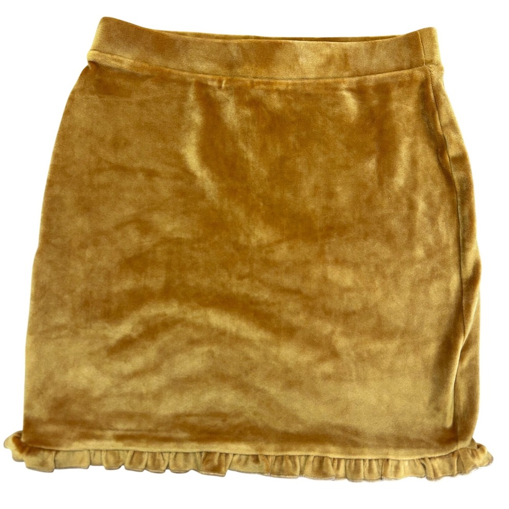 Double Zero Velvet Mini Skirt Spicy Small Mustard Gold Ruffle Hem Y2K Bodycon
